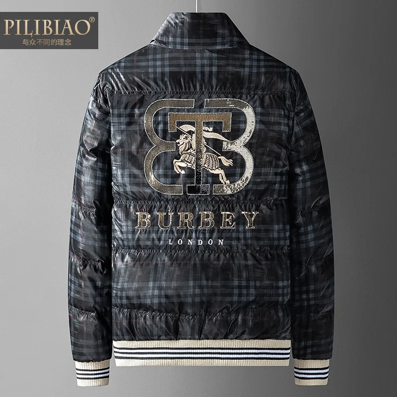 

Luxury brand High grade winter European warm 90 white duck down large men's coat bead embroidery stand collar Plaid leisure jack