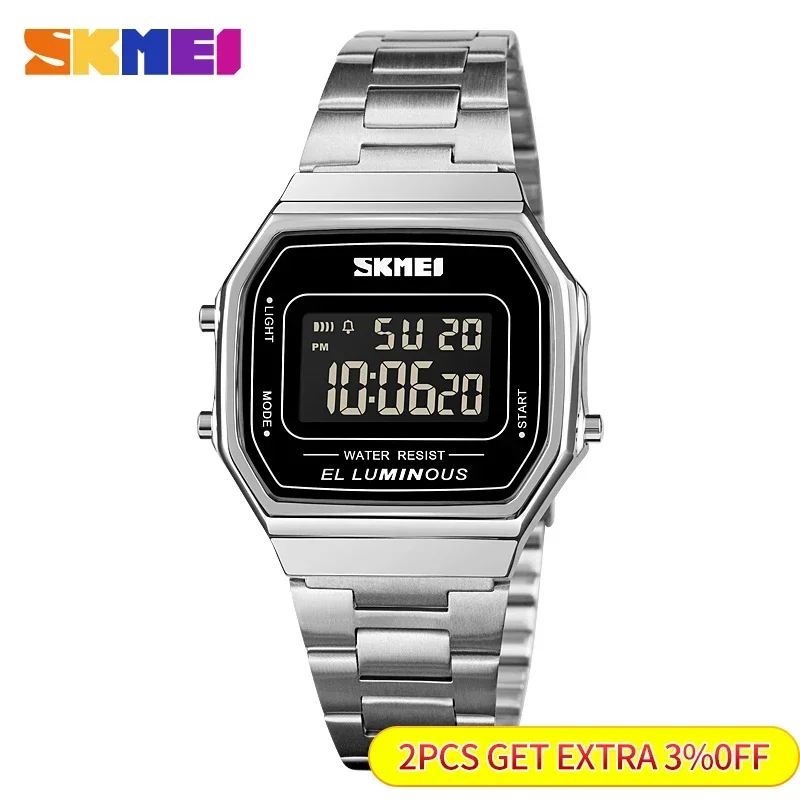 SKMEI 1647 Casual Simple Mens Wristwatches Stainless Steel Band Waterproof Watch Men reloj hombre Retro LED Digital Male Watches