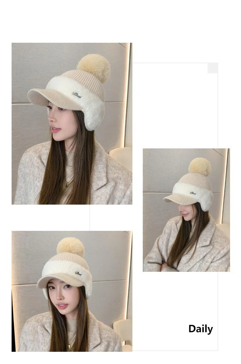 Nuovo berretto da baseball invernale in pelliccia di visone con protezione per le orecchie in pelliccia di coniglio per le donne, moda coreana, tinta unita, semplice cappello lavorato a maglia con palline di lana_voghion.com