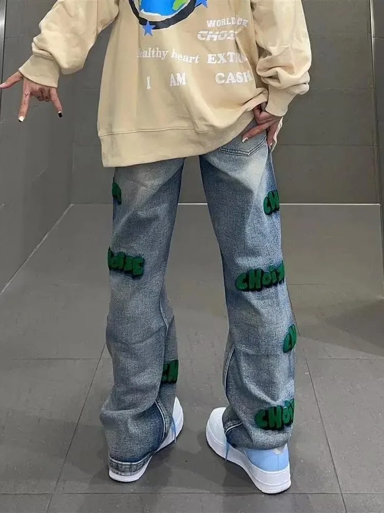 Feynzz High Street Style Hiphop Flocking Jeans Autumn Wide-leg Pants For Men And Women High Waist Embroidery  Jeans Fashion