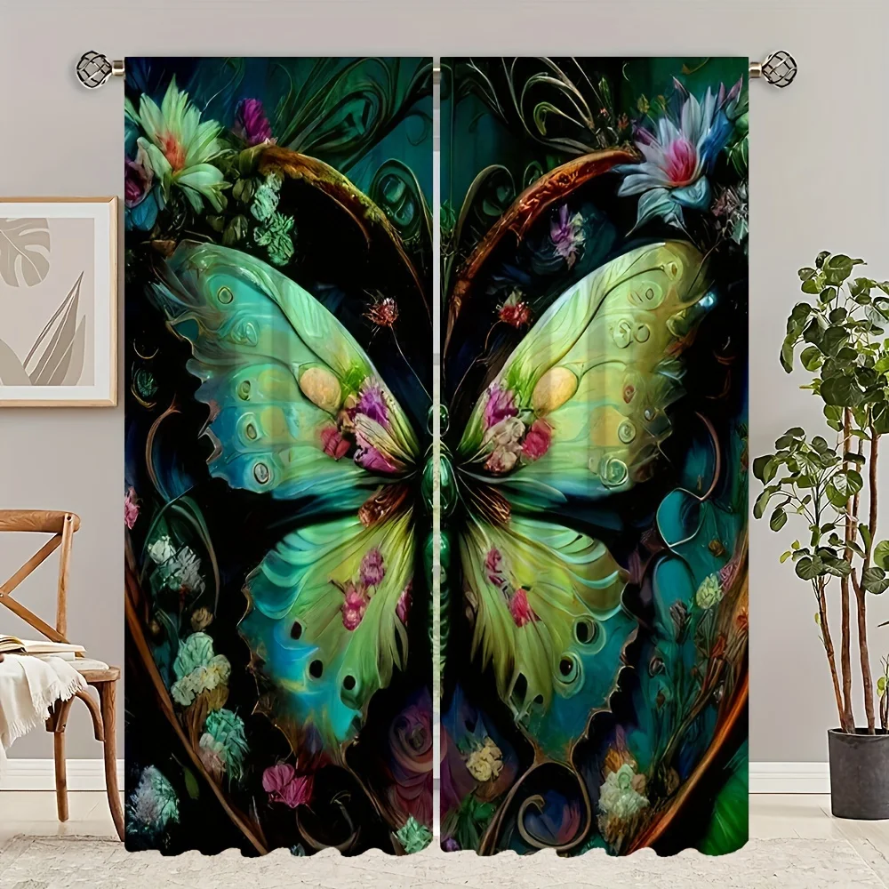 ชุดผ้าม่านพิมพ์ลายดิจิตอล HD 2 ชิ้น - ลายดอกไม้สีเขียว สำหรับห้องนั่งเล่นและห้องนอน แบบมีรูแขวนรางผ้าม่าน ซักด้วยเครื่องซักผ้าได้ ผลิตจากโพลีเอสเตอร์ 1