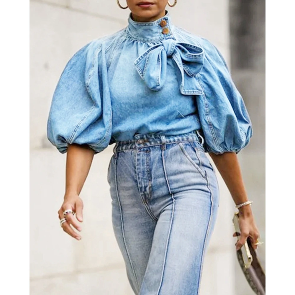 

Women Bow Decor Mock Collar Lantern Sleeve Levis Shirt & Blouse Femme Top y2k Fashion Denim Shirt Half Sleeve Summer Blouse Traf