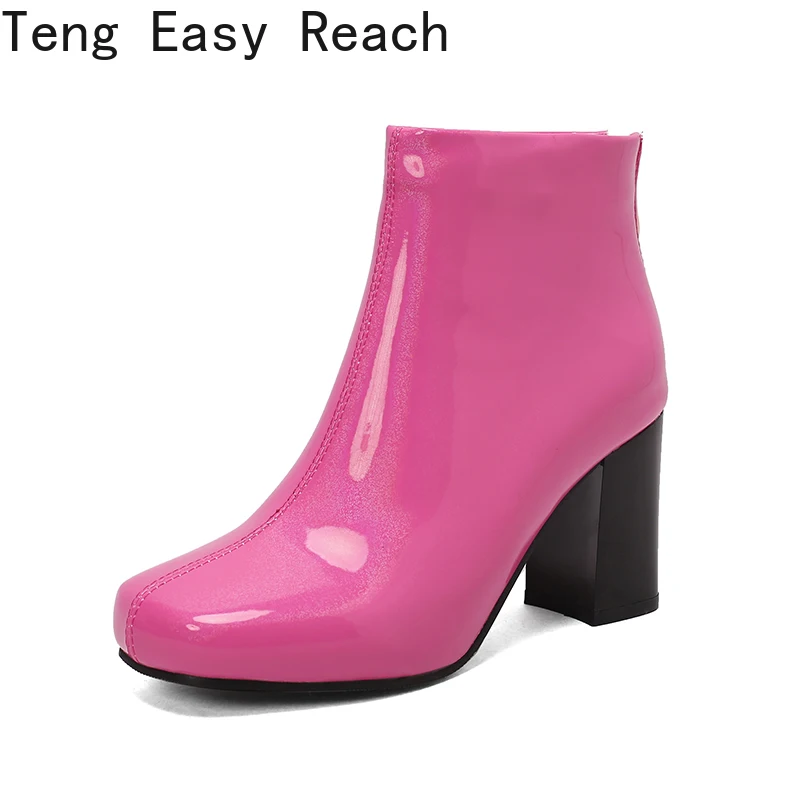 Black Green Rose Red Plus Size 33-48 New Women's Ankle Boots Fashion Patent Leather Back Zipper Women's Square Boots 2023