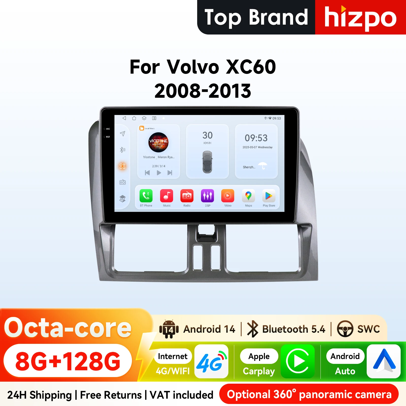9" Hizpo 2Din CarPlay Android Auto Autoradio für Volvo XC60 2008 - 2013 BT 4G WiFi SWC RDS DSP GPS Navi Snapdragon 6115 360 ° CAM