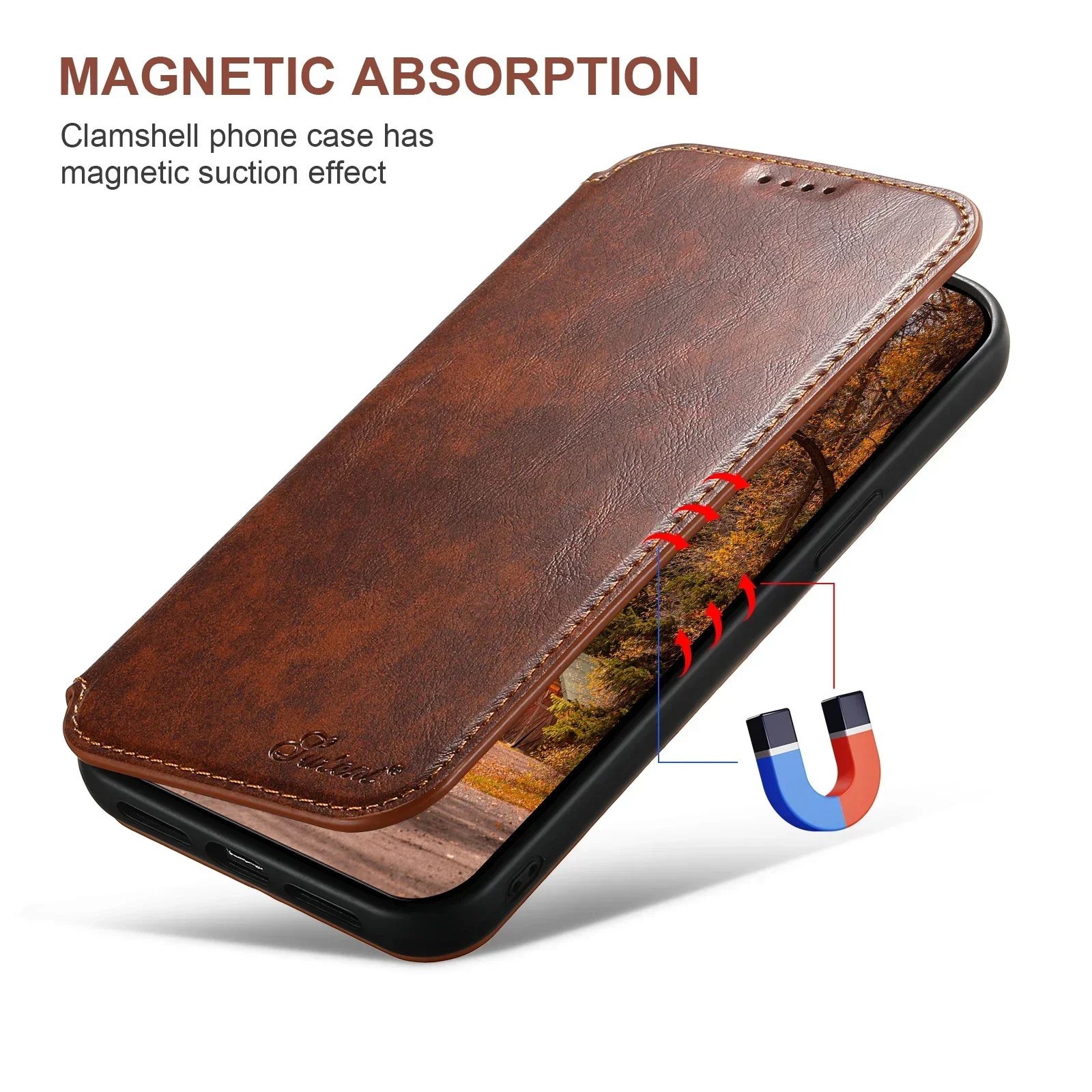 Magnetic Leather Wallet Phone Case with Wireless Charging & Kickstand