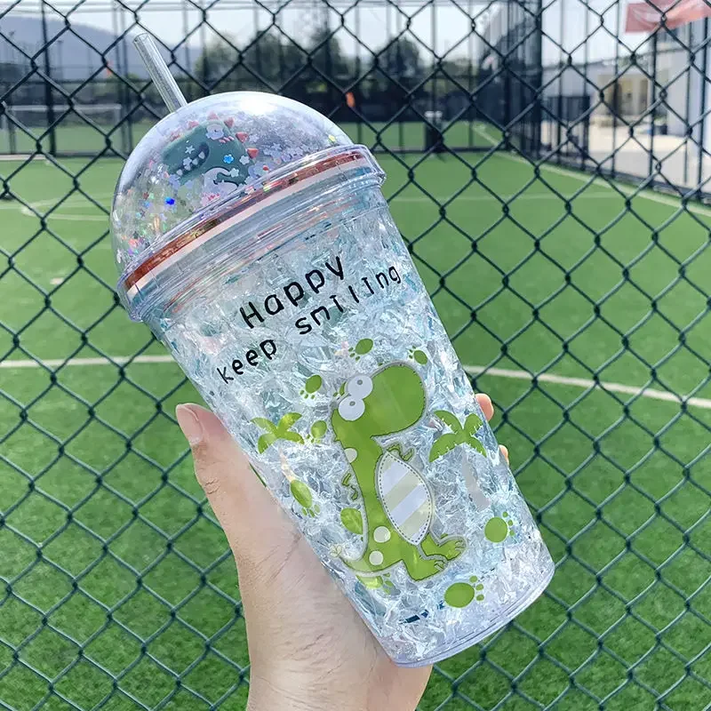 350ml Kid Plastic Cup Straw Dinosaur Doll Double Layer Refrigeration Water Bottle Gift Summer Drinkware Coffee Mug