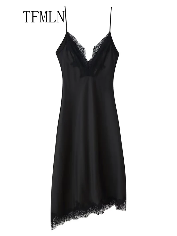 Elegant Asymmetry Patchwork Lace Dress For Women Sexy Sleeveless Slim Chic Causal Underwear 2025 Fashion V-neck Date Night Dress