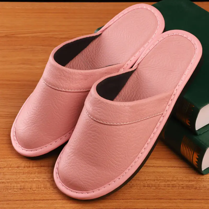 Home Leather Slipper for Men Four Season Indoor Flat Waterproof Shoes Slides Lovers Shoes Concise Couples Soft Leather Slippers