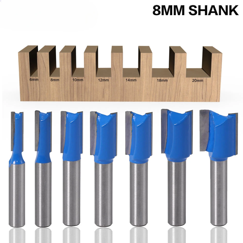 

Набор фрез для деревообработки, прямой хвостовик 8 мм, диаметр резки 6/8/10/12/14/18/20 мм, 1 шт.
