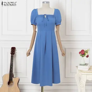 Summer Women Dress ZANZEA Fashion Short Sleeve Puff Sleeve Solid Color Vestidos Party OL Work Sundress Square Collar Streetwear 1