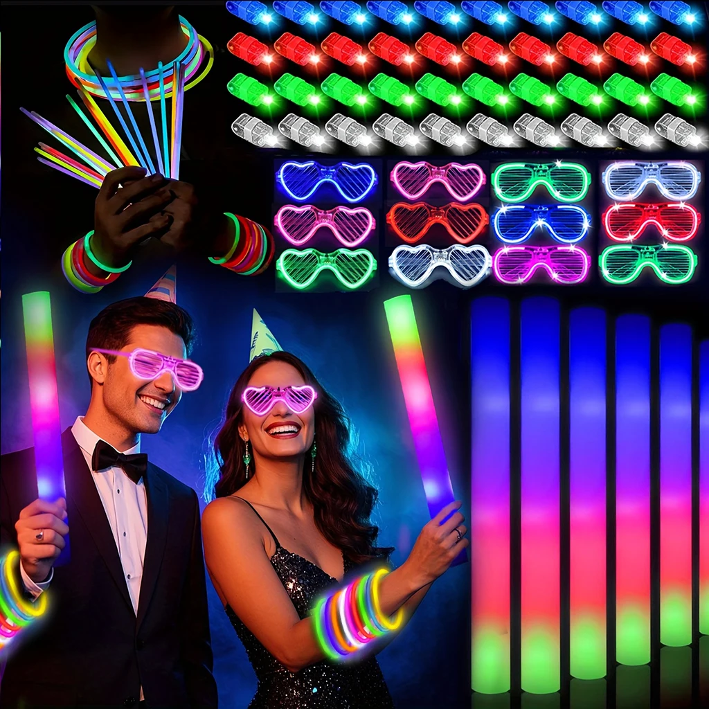 168pcs/Set Glow Party Kit, including 12 LED Glasses, 16 Foam Glow Sticks, 40 Finger Lights, 100 Glow Sticks, suitable for weddin