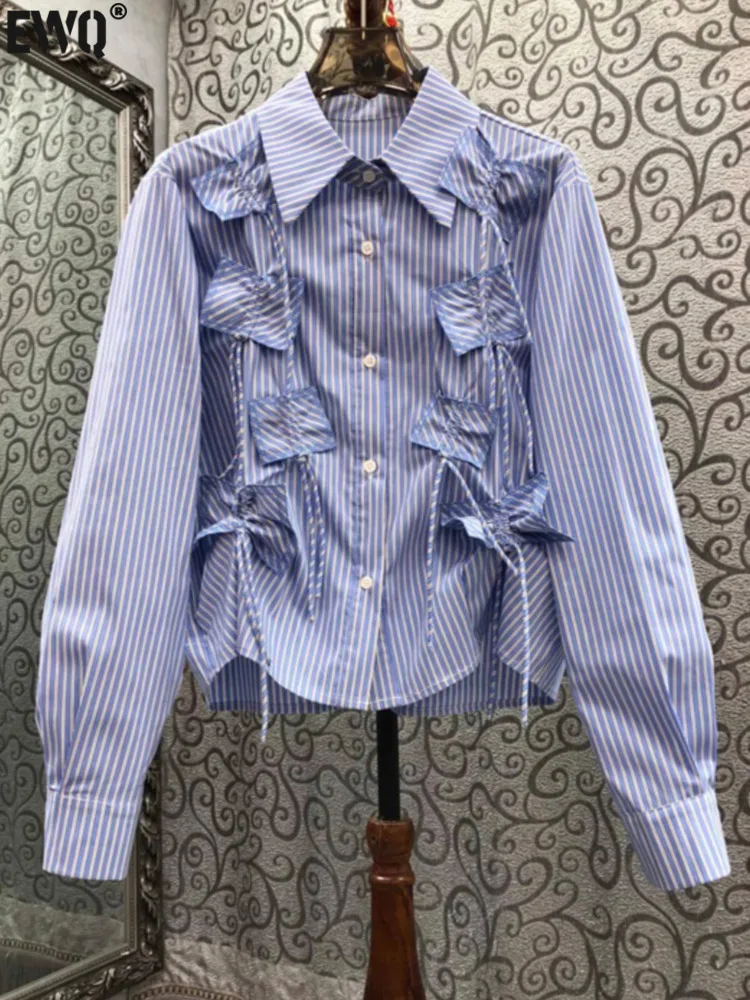

[EWQ] Sweet Bow Unique Turn-down Collar Blouses Loose Designer Solid Tops Beautiful Women's Clothing Autumn 2024 New Fashion