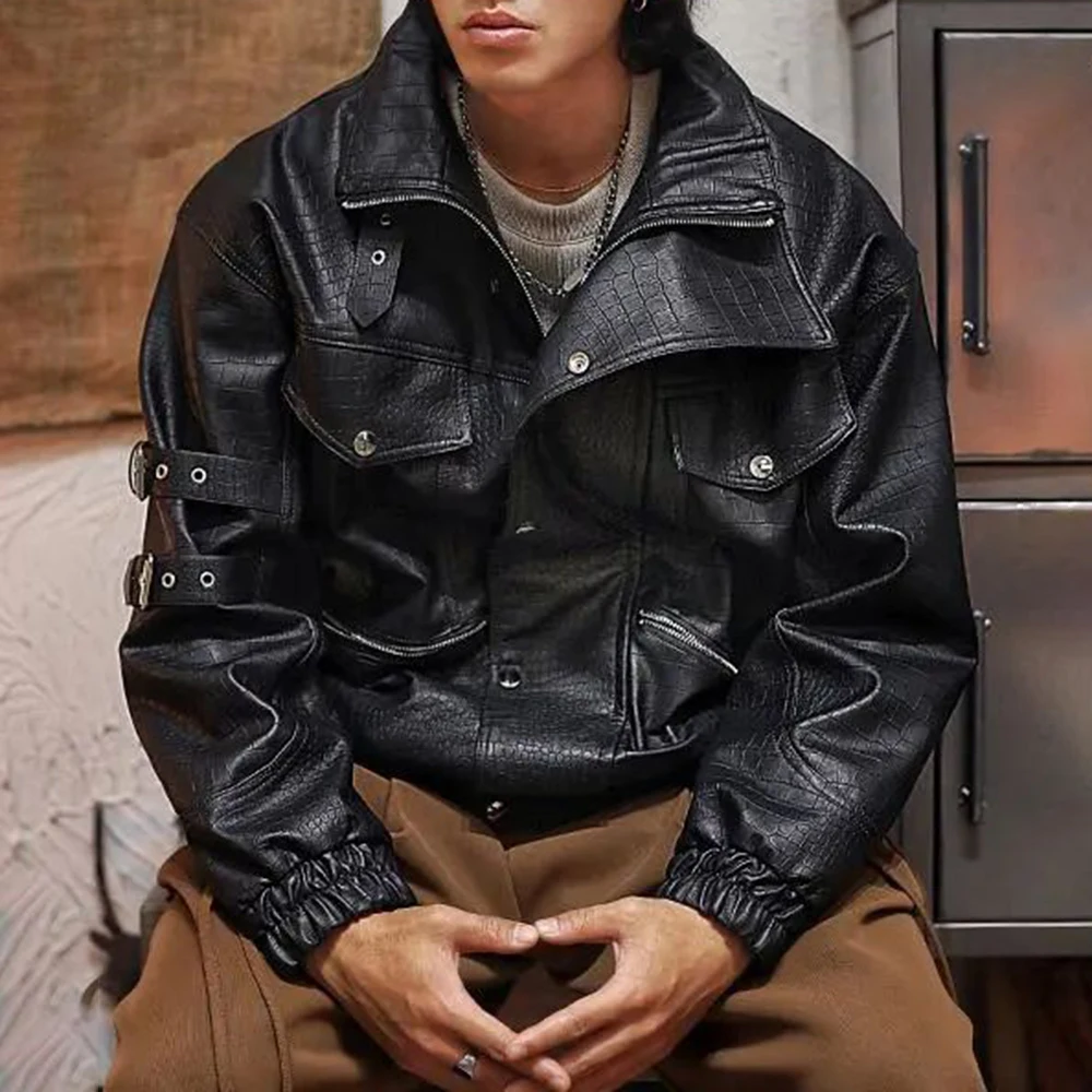 

Mens Leather Jacket Autumn And Winter American Street Hip-Hop Rock Punk Motorcycle Retro Ah Beautiful Khaki Stand Collar Jacket