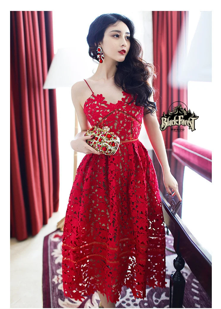 

2022 Spring Summer Tide Water Melting Flower Hollow Lace Sling Dress Red Dress Holiday Mid length Dress