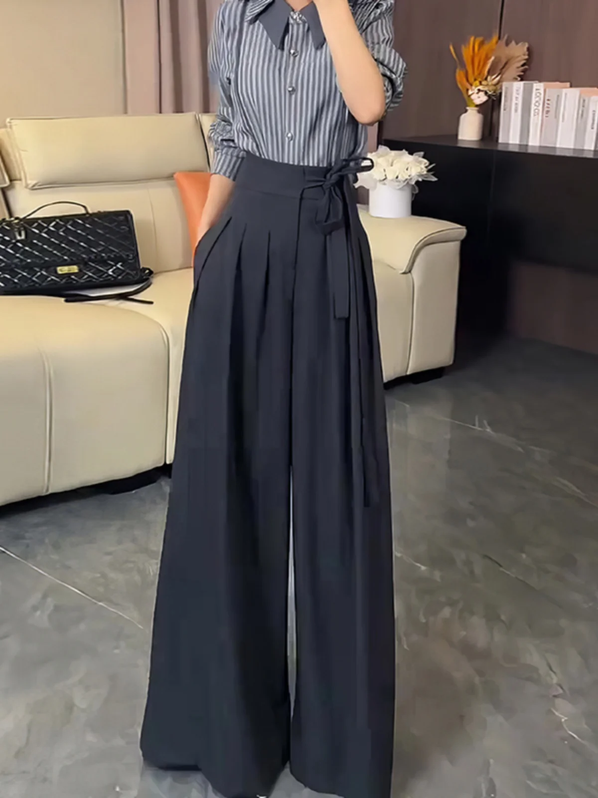 Korean Royal Sister Style Gray Suit Pants Women's 2025 New High Waist Drape  Strap Design Wide Leg Trousers - AliExpress 200000345
