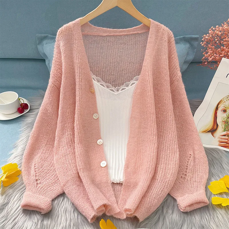 Green Mohair Knitted Cardigans Women Spring Autumn Single Breasted Thin Hollow Out Sweater Coats Gentle Elegant Soft Tops 2