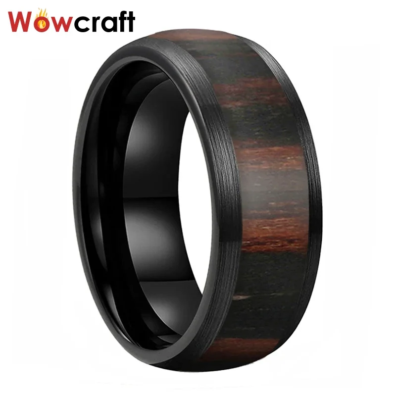 

Black Tungsten Carbide Ring Men Women Band Domed Brushed Finish Black Ebony Wood Inlay Comfort Fit
