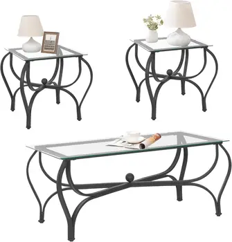 3-Piece Tempered Glass Coffee Table & Side Table Set 1