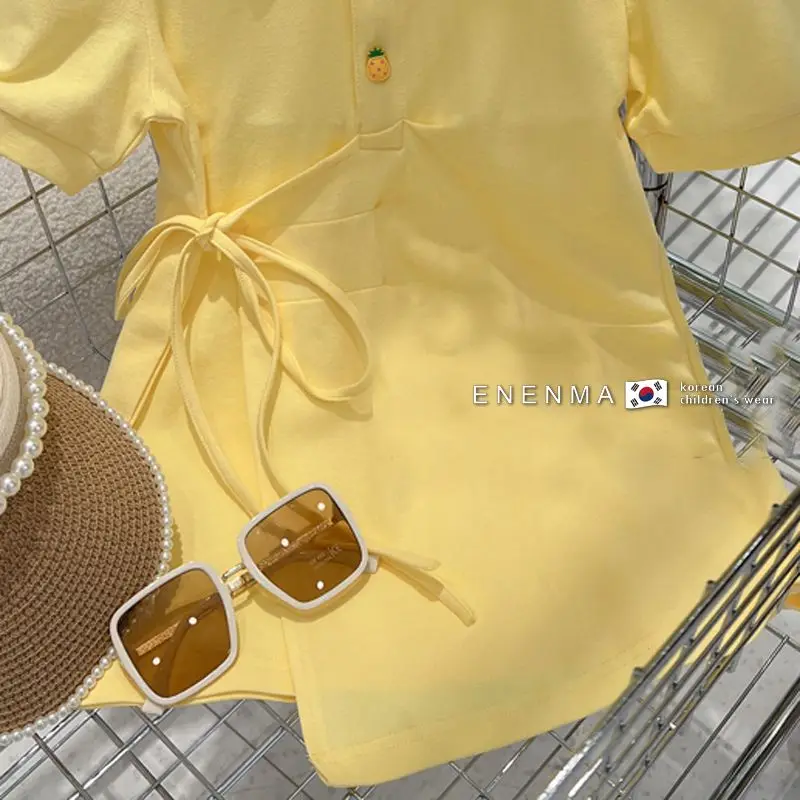2023 Dress Turn-down Collar Short Sleeve A-line Above Knee Length Pullover Cotton Solid Simple Sweet Fashion Casual Summer Girls