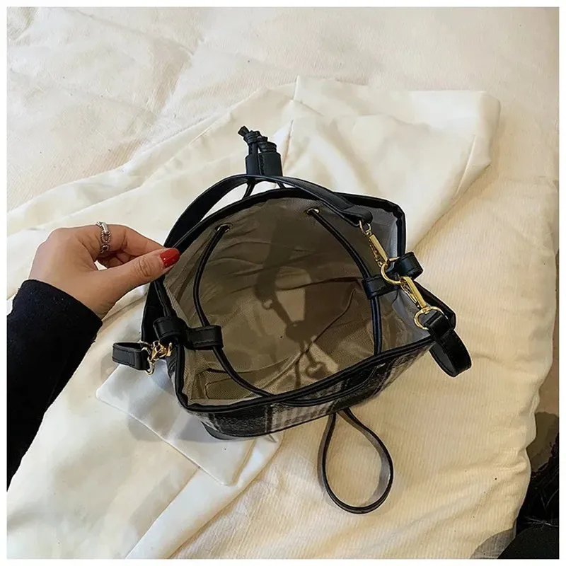 Large Capacity Drawstring Bag Multi-Function Shoulder Bucket Bag Crossbody Canvas Vintage Plaid Retro Ladies Tote Handbags Purse