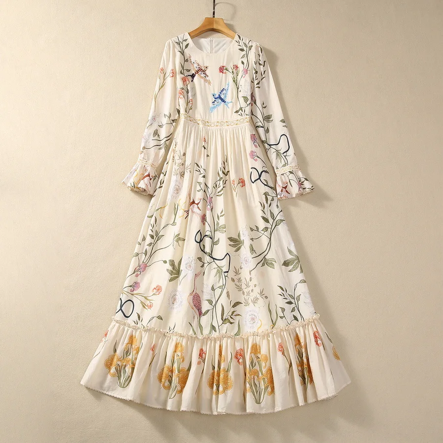 

European and American women's dress 2023 winter new Round neck Long-sleeved bird Beaded printing fashion Cotton pleated dress