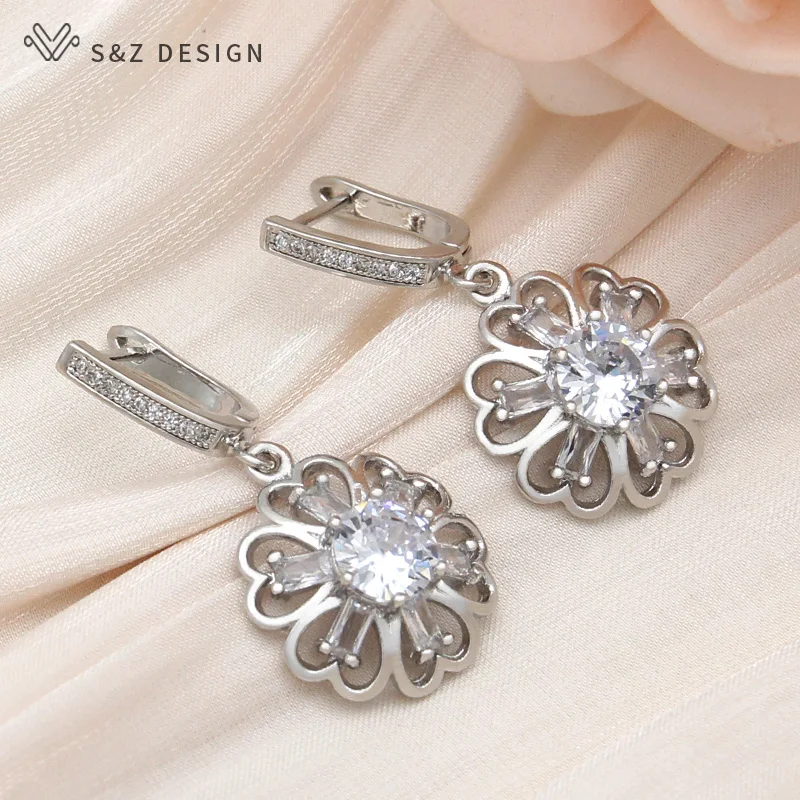 S&Z DESIGN New Fashion Round Cubic Zirconia Flowers Dangle Earrings For Women Party Jewelry 585 Rose Gold Color Eardrop Gift
