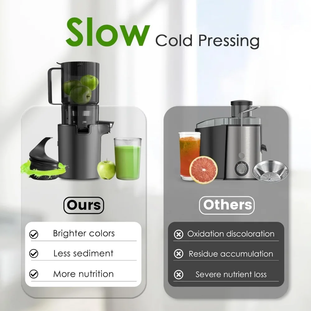 4.1 inch (104MM) slow speed cold press juicer with ultra wide feed chute, used for pure juicers of vegetables and fruits 4