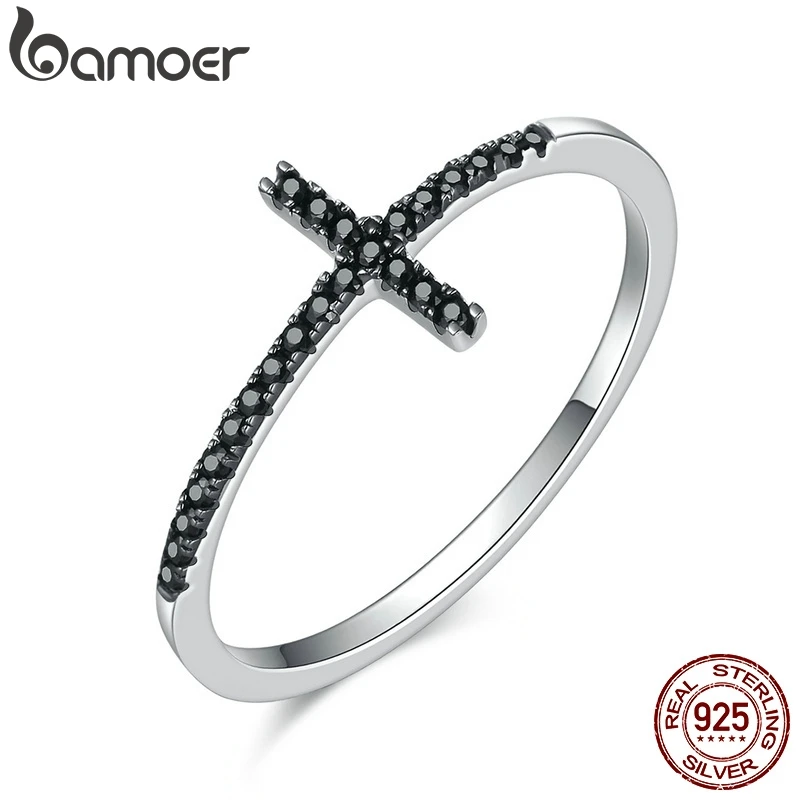 BAMOER Popular 925 Sterling Silver Faith Cross Shape Finger Rings