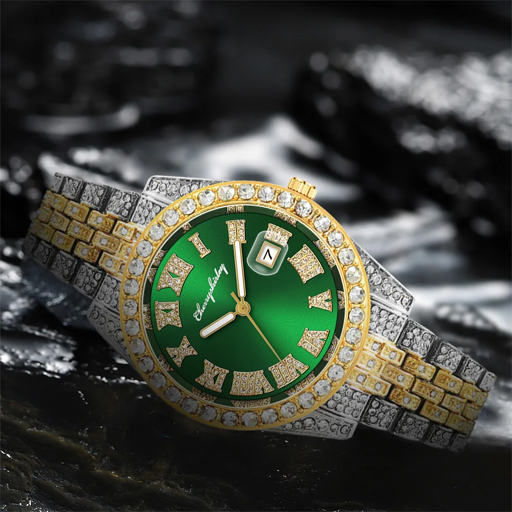 Full Iced Out Luxury Watch for Man Brand Diamond Womens Mens Watches Quartz Men's Watch Calendar Hip Hop Male Clock Gift for Men