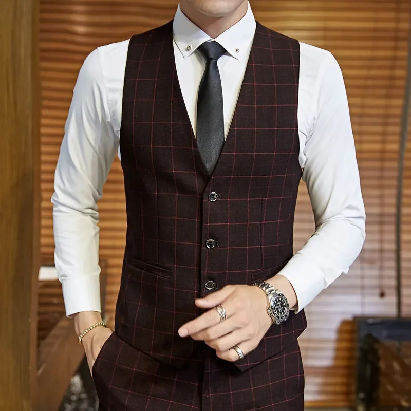 Men's Casual Business Plaid Vest Groom Wedding Dress Party Men's Casual Waist Jacket ( No Pants ) 3