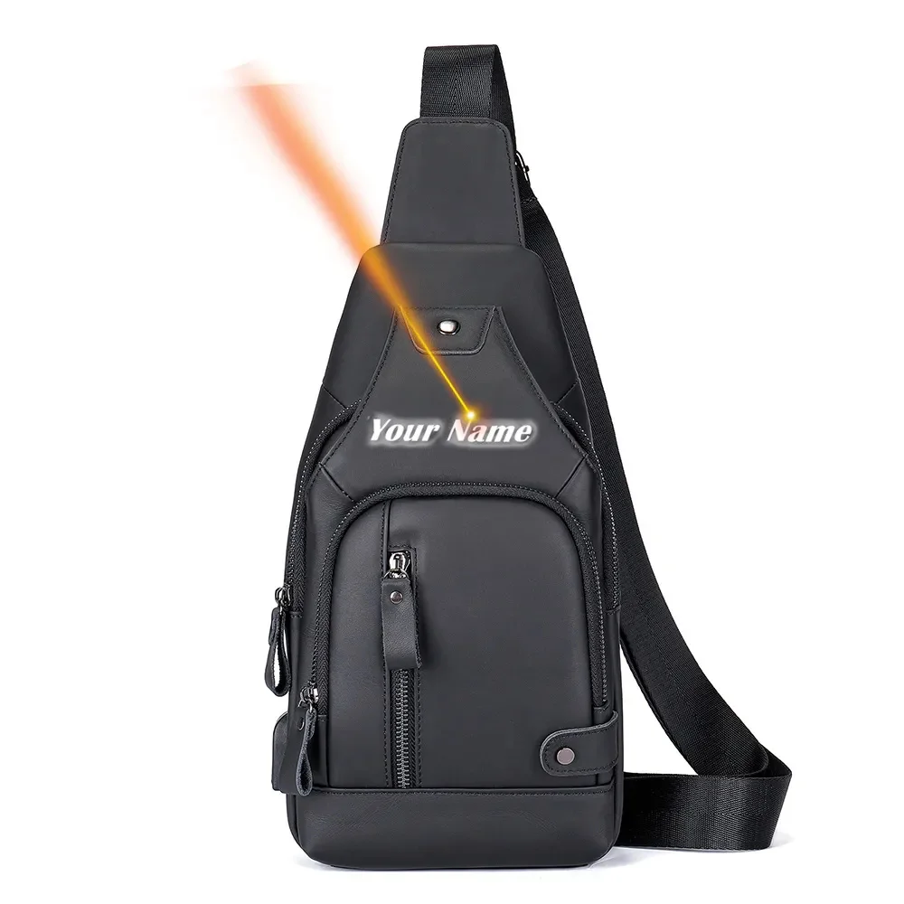 

USB Charging Chest Bag Cowhide Leather Anti-theft Shoulder Sling Bags Adjustable Strap Hasp Travel Side Business