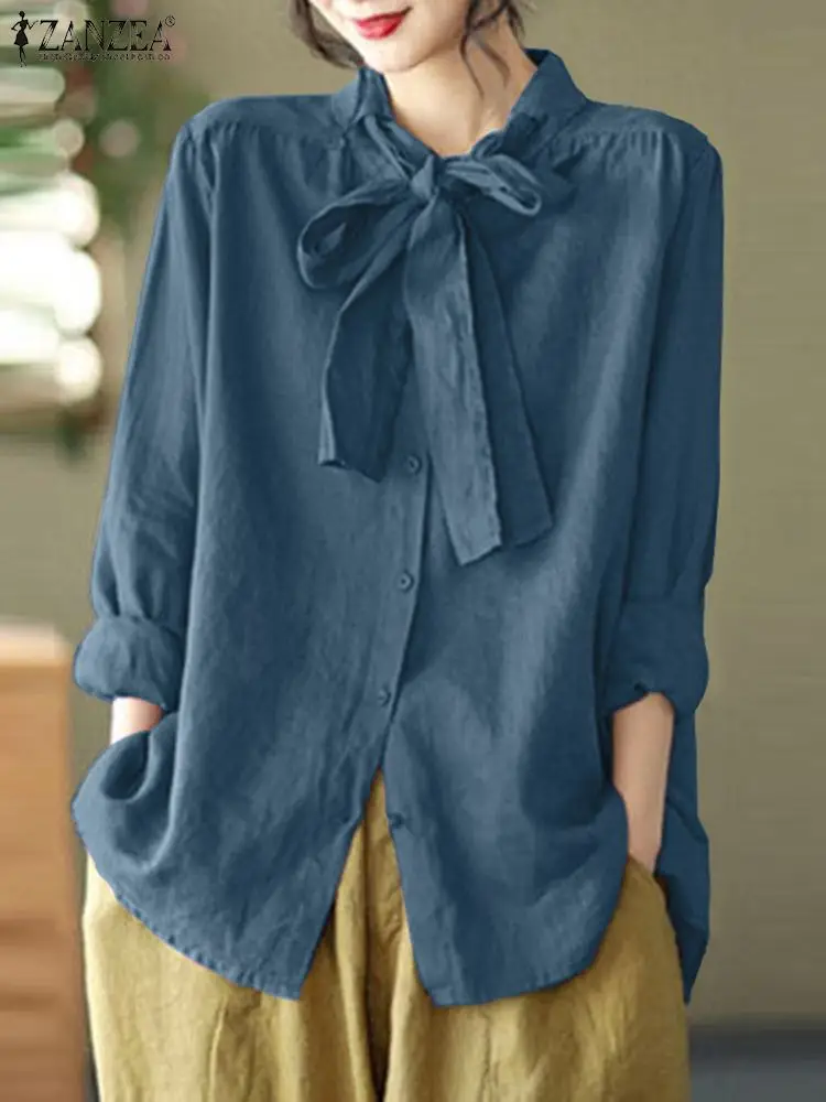 

ZANZEA Woman Fashion OL Work Shirt Autumn Long Sleeve O-Neck Blouse Elegant Cotton Tunic Tops Casual Tie Up Blusas Mujer 2023
