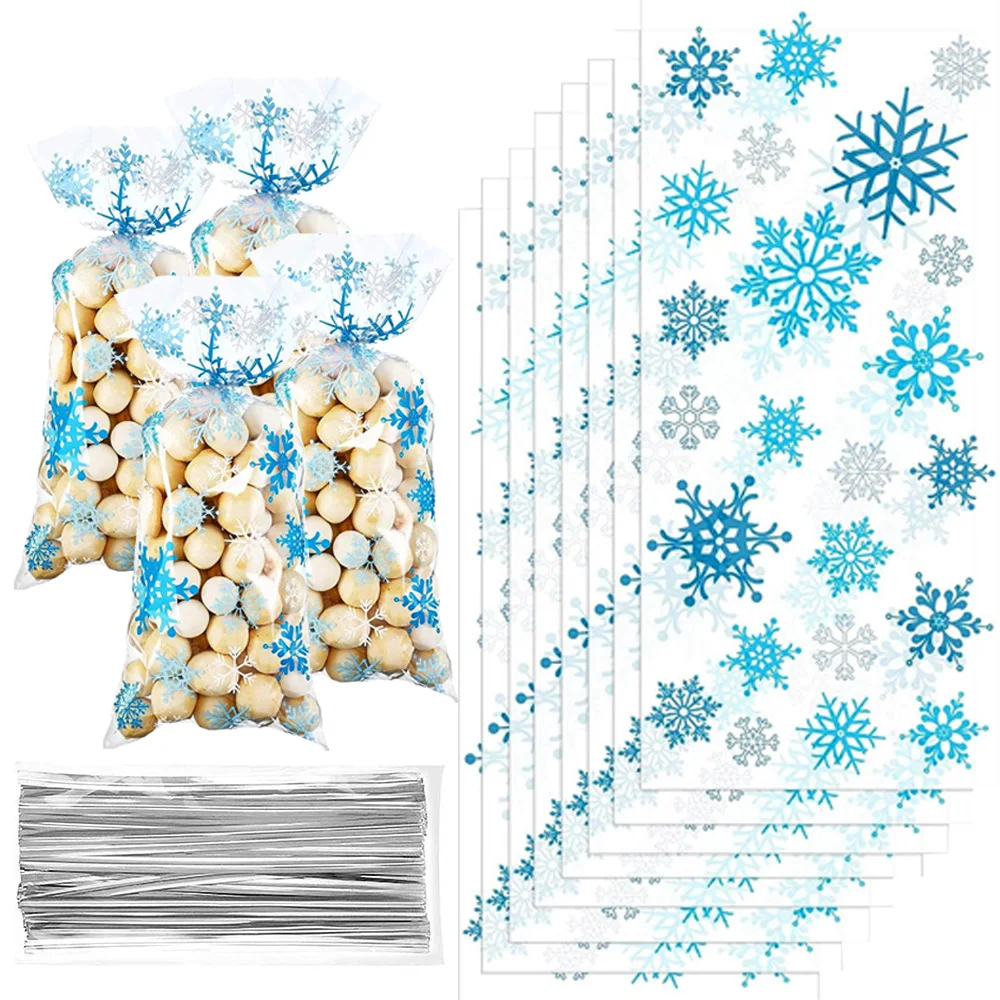 10-30pcs Christmas Snowflake Cellophane Bags Winter Snowflake Holiday Candy Cookie Bakery Treat Gift Bags Christmas Party Decors