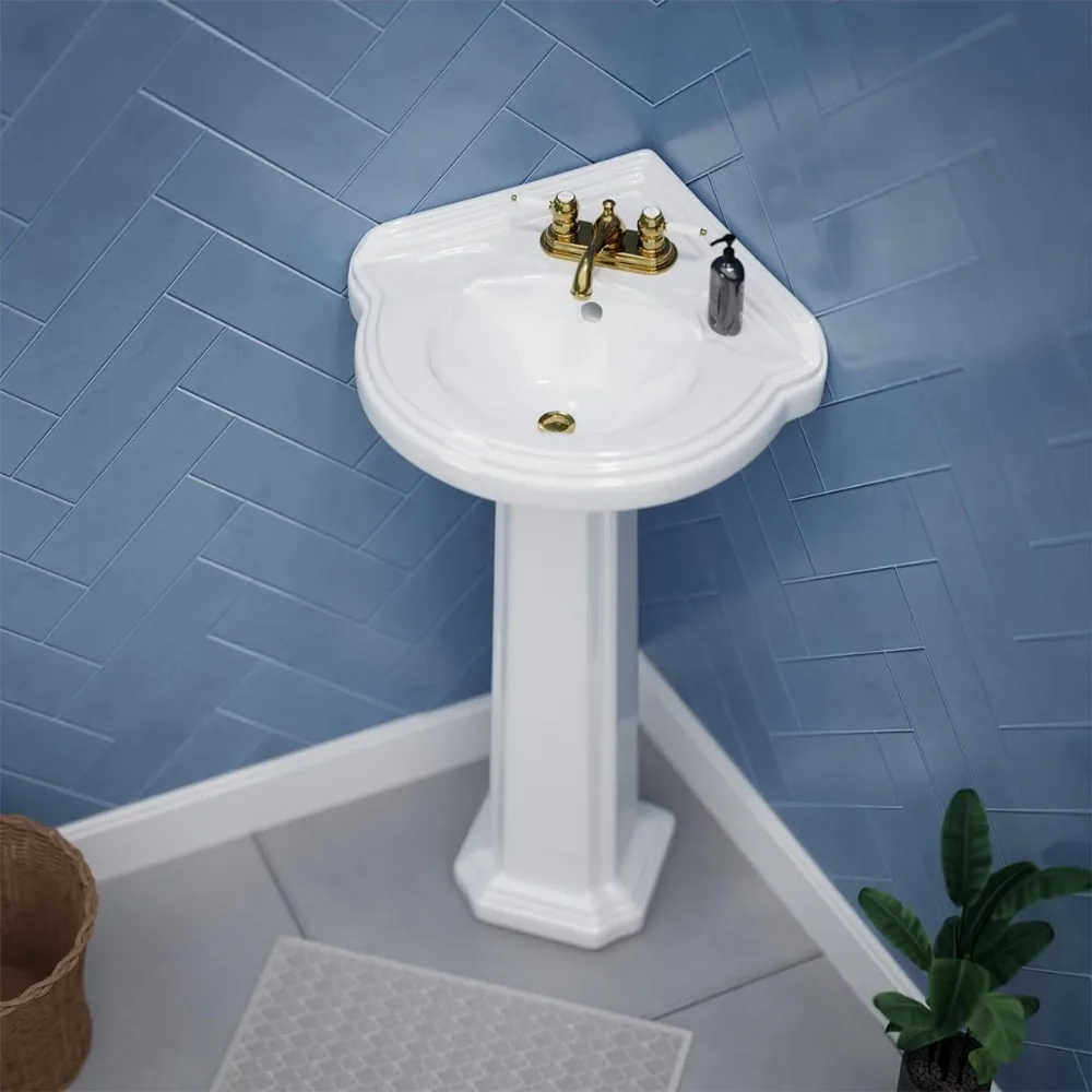 22" Corner Pedestal Bathroom Sink in White, with Overflow and Pre，Drilled 4" Centerset Faucet Holes, Easy，Clean Design 3