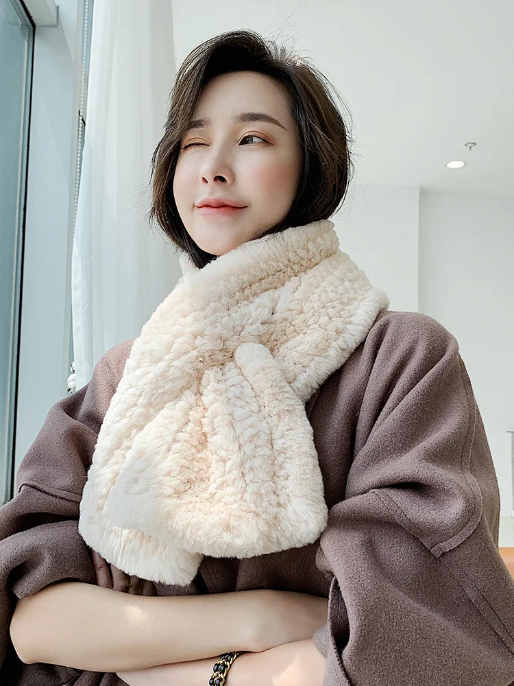 

Women Fashion Fur Scarves Winter Warm Knitted Genuine Rex Rabbit Fur Scarfs Shawls Ladies Outdoor Real Fur Wraps