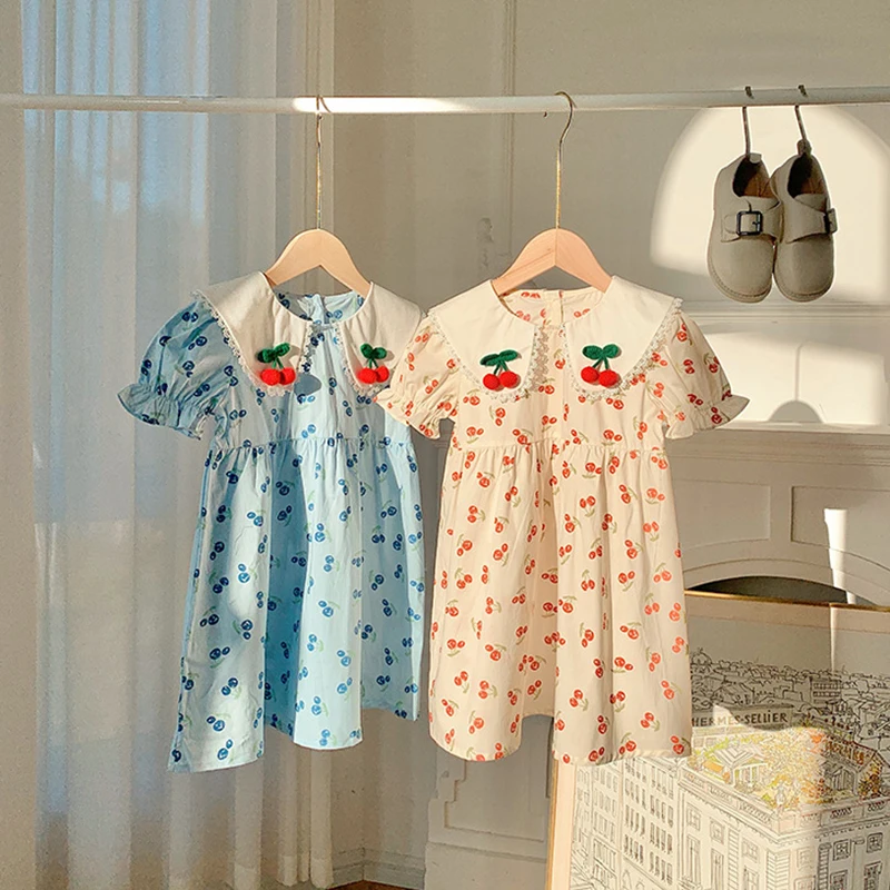 

Summer Toddler Children Girls Cherry Dress Cotton Loose A-line Dress Baby Girl Lace Short Sleeve Dress Children Clothing