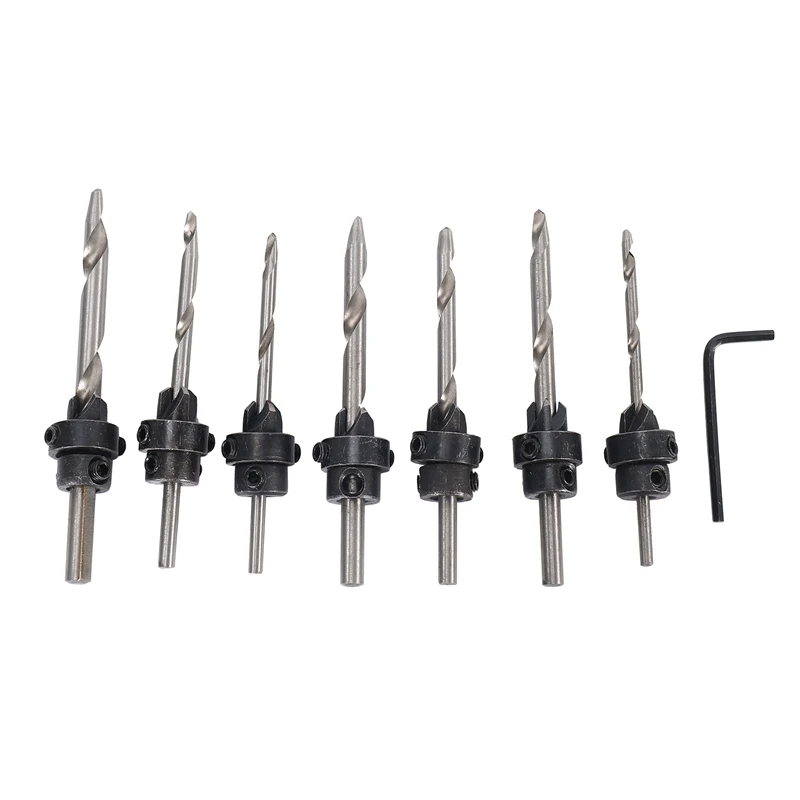 7 Pcs Countersink Drill Bit Set With Stop Collars & Wrench, Perfect For