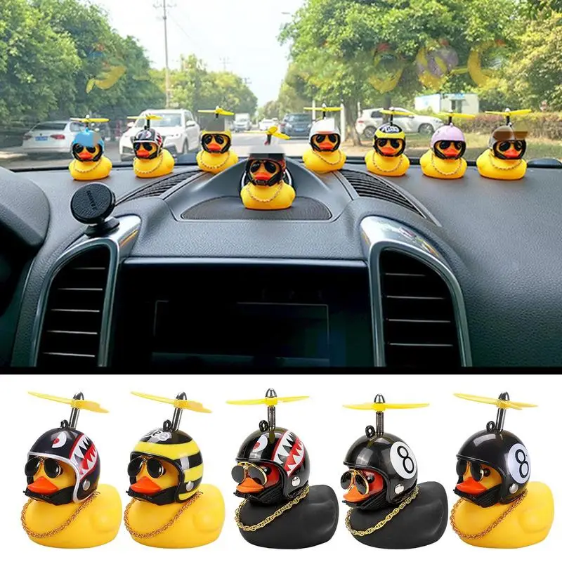 

Rubber Cute Duck Toy Car Ornaments Black Yellow Duck Car Dashboard Decorations Cool Glasses Duck With Propeller Helmet For Bike