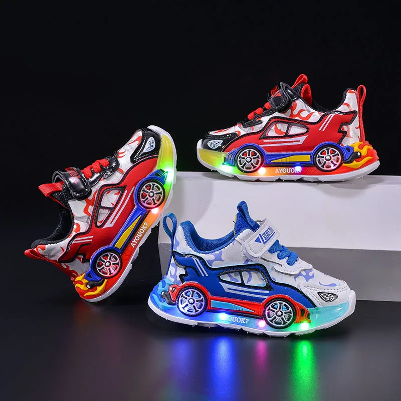 Casual Boys Shoes Cartoon Car Led Light Sneakers Leather Kids Sports Shoe Non-slip Children's Running Shoes