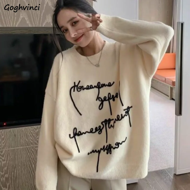 

Pullovers Women Autumn Letter High Street Loose Daily Knitting Korean Style Fashion Vintage All-match Casual Soft Students Chic