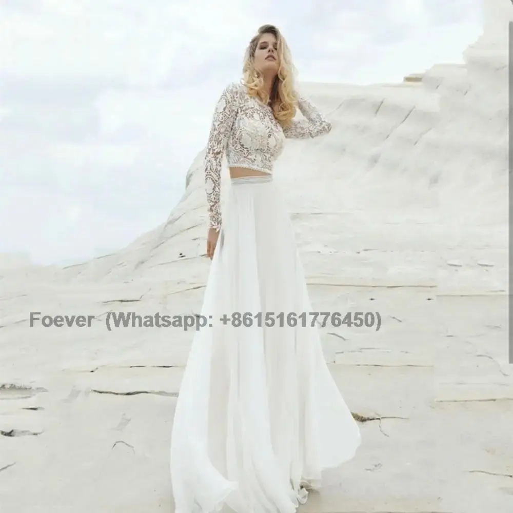 

Boho Lace Applique Full Sleeve Wedding Dress Two Pieces Chiffon Sweep Train Bridal Gown Sexy Out-Fit For Women Vestidos De Novia