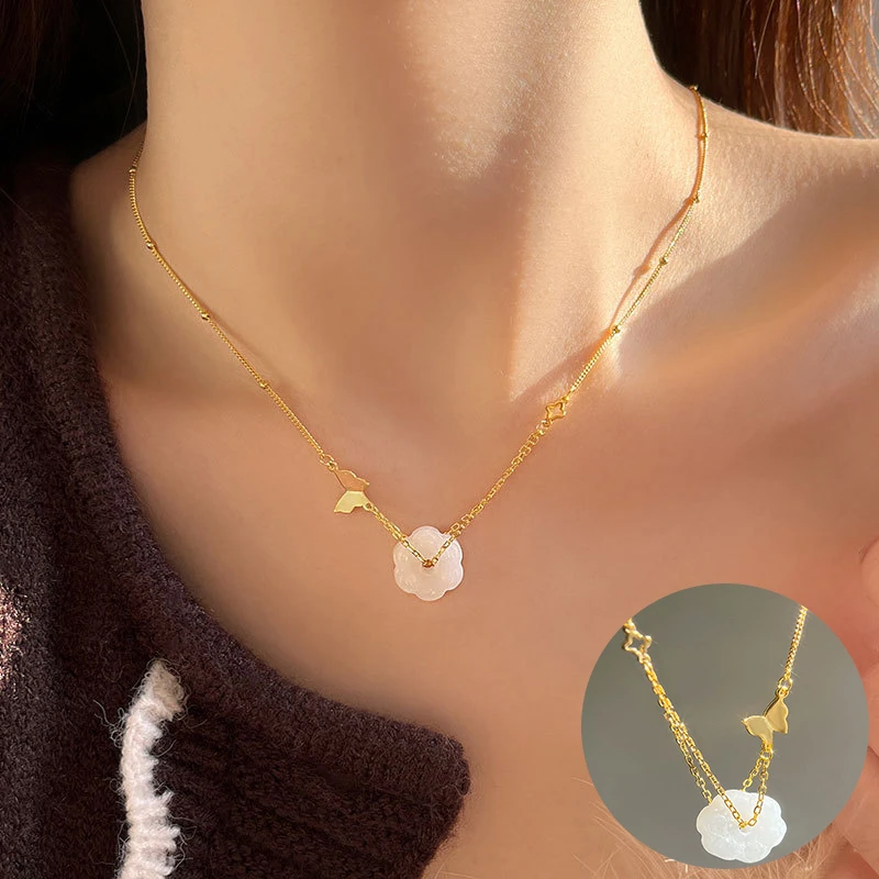 100% 925 Sterling Silver Jade Flower Necklace for Women Girl Butterfly Geometric Design Jewelry Birthday Gift Dropshipping