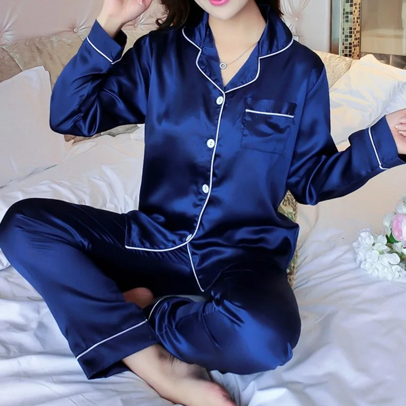 Conjunto de pijama de seda de rayón ropa de dormir Sexy, traje de 2 piezas, Top de manga larga, camisa con botones, pantalones, ropa de casa - AliExpress