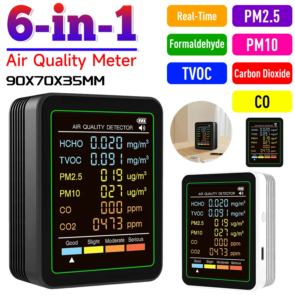 6-in-1 Air Quality Monitor Portable Temperature Humidity Detectors Real-Time Omaldehyde TVOC PM2.5/10 Carbon Dioxide CO Tester
