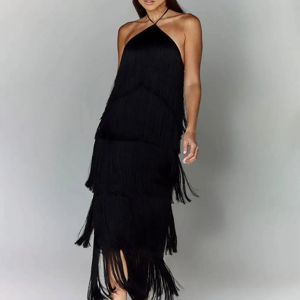 

Evening Party Women Dress Halter Neck Off Shoulder Fringe Multi-layered Cake Hem Backless Split Rumba Cha-cha Dance Competition