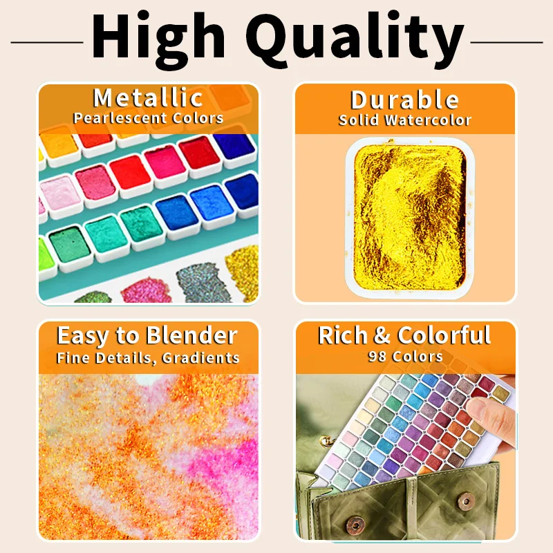 98-Color Metallic Shimmer Watercolor Paint Set,Pearl Pigments for Artists,Hobbyists for Illustration,Scrapbooking,Decoration - 4