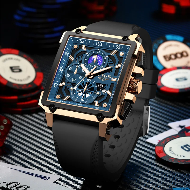Nový LIGE pánská hodinky káča značka luxusní dutý hranatý sport hodinky pro muži móda silikon řemen vodotěsný křemen wristwatch+box