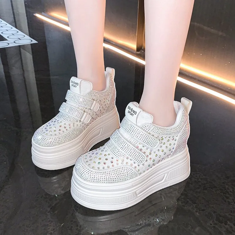 10cm 에어 메쉬 합성 가죽 Chunky Sneaker 여성 편안한 2025 가을 블링 라인 석 플랫폼 웨지 Fsahion 발목 부츠 신발