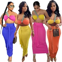 

2022 New Women Set Strapless Bra Sling High Waist Pleated Color Matching Skirt Set Two-piece Set