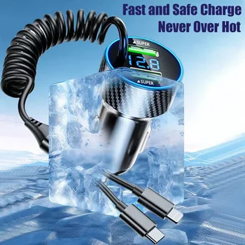 4 in 1 Dual Port USB Car Phone Charger Type C with Retractable Cable Super Fast Charging Adapter for iPhone Samsung OPPO Huawei 6